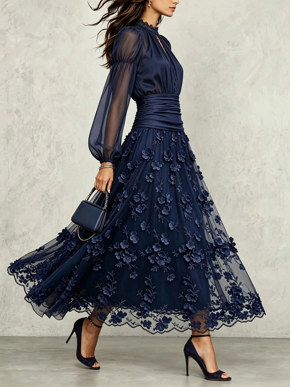 ZARA Navy Mesh 3D Floral Maxi Dress Puff Sleeve Gown